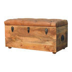 Solid Wood Buffalo Hide Oak-ish Storage Trunk, Leather Upholstered, Brown and Tan - Grand Goldman Shop