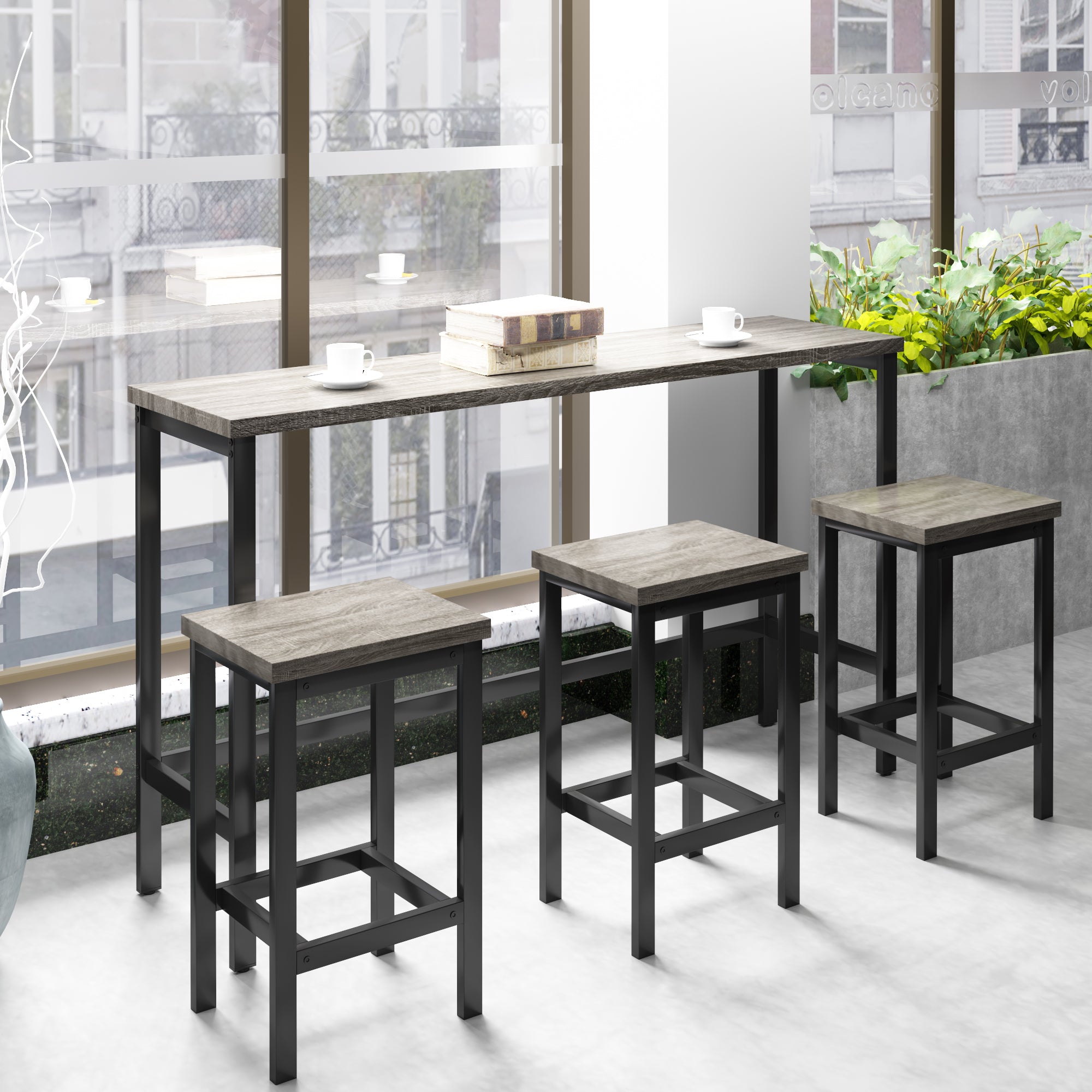 TOPMAX Counter Height Extra Long Dining Table Set with 3 Stools Pub Kitchen Set Side Table with Footrest, Gray - Grand Goldman Shop