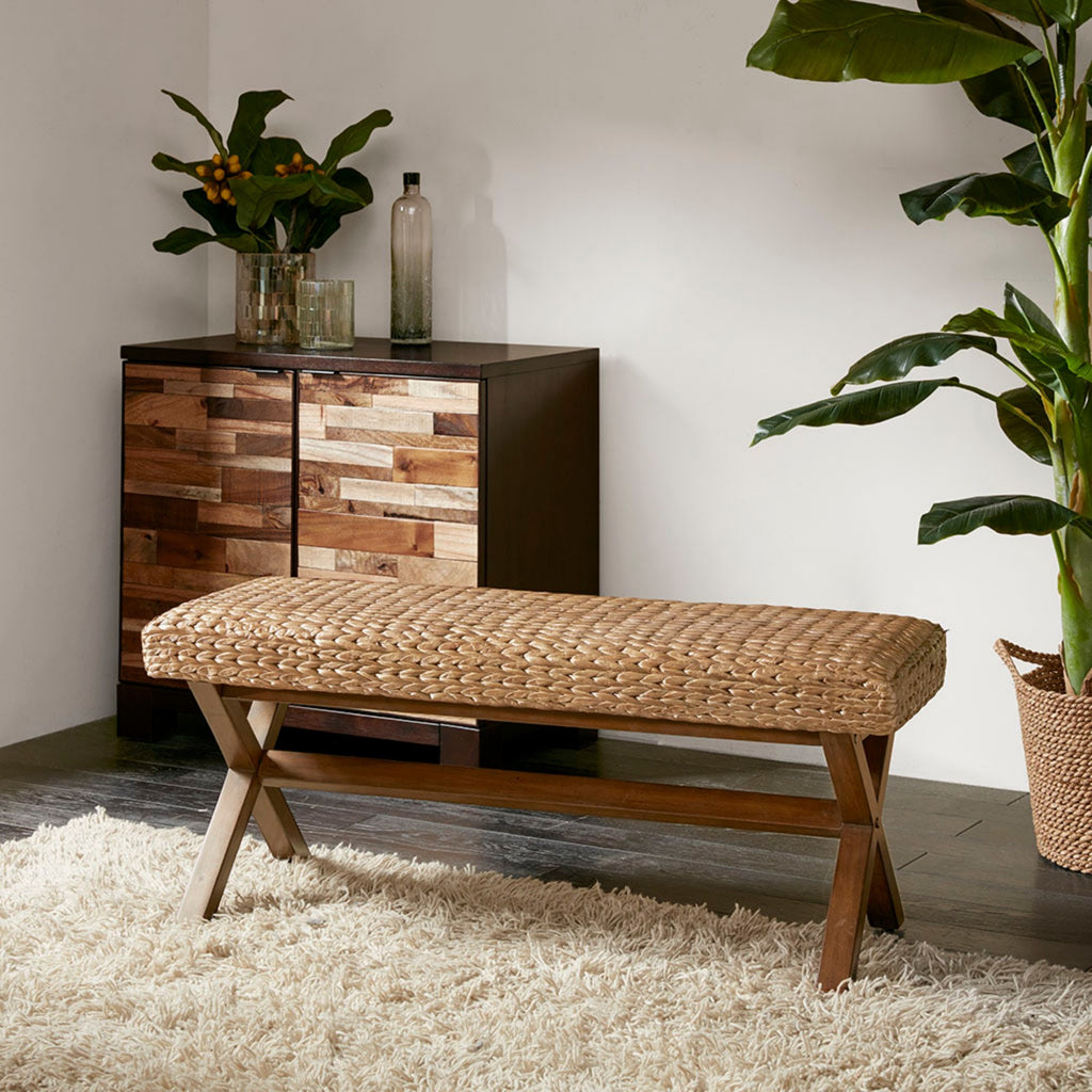 The Bench with Water Hyacinth Seat and Mahogany Base, Chestnut Finish, 45' Width - Grand Goldman Shop