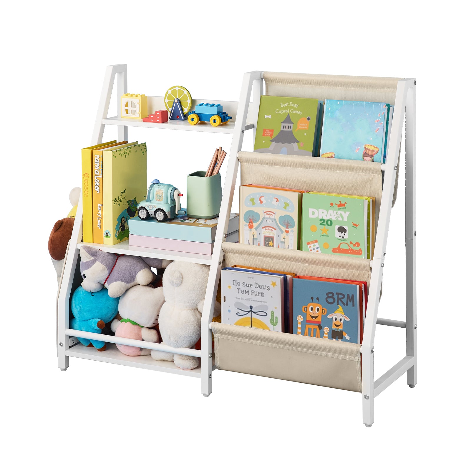 Stylish 3-Tier Kids Bookshelf, Toy Storage Organizer for Toddler, Book Shelf for Kids Rooms with Sling Book Rack and Storage 