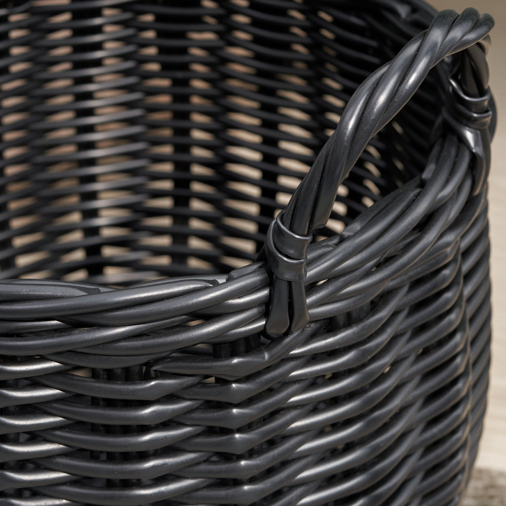 Lucius Round Resin Woven Wicker Basket with Handles - 13' x 13' x 10.2' - Black - For Clothes, Towels, Toys, Magazines Storage and Home Decoration - Grand Goldman Shop