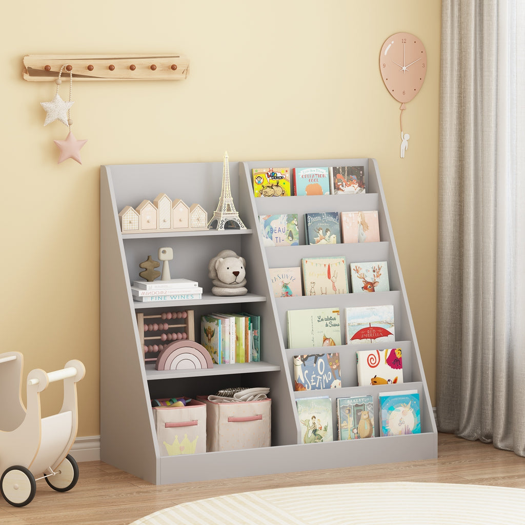 Kids Bookshelf and Toy Storage Organizer, 4-Tier Wooden Bookcase with Display Stand in Gray MDF for Nursery, Playroom, or Chi
