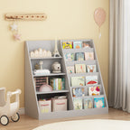 Kids Bookshelf and Toy Storage Organizer, 4-Tier Wooden Bookcase with Display Stand in Gray MDF for Nursery, Playroom, or Chi