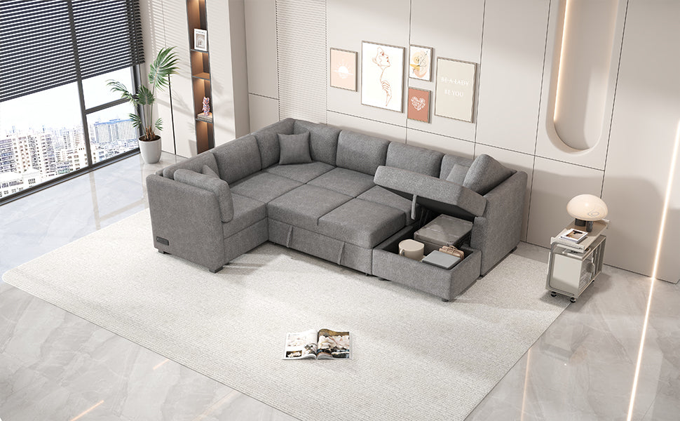 U-shaped Sectional Sofa Pull out Sofa Bed with USB Ports, Power Sockets, Storage Chaise, Light Gray Chenille, 108.6' - Grand Goldman Shop