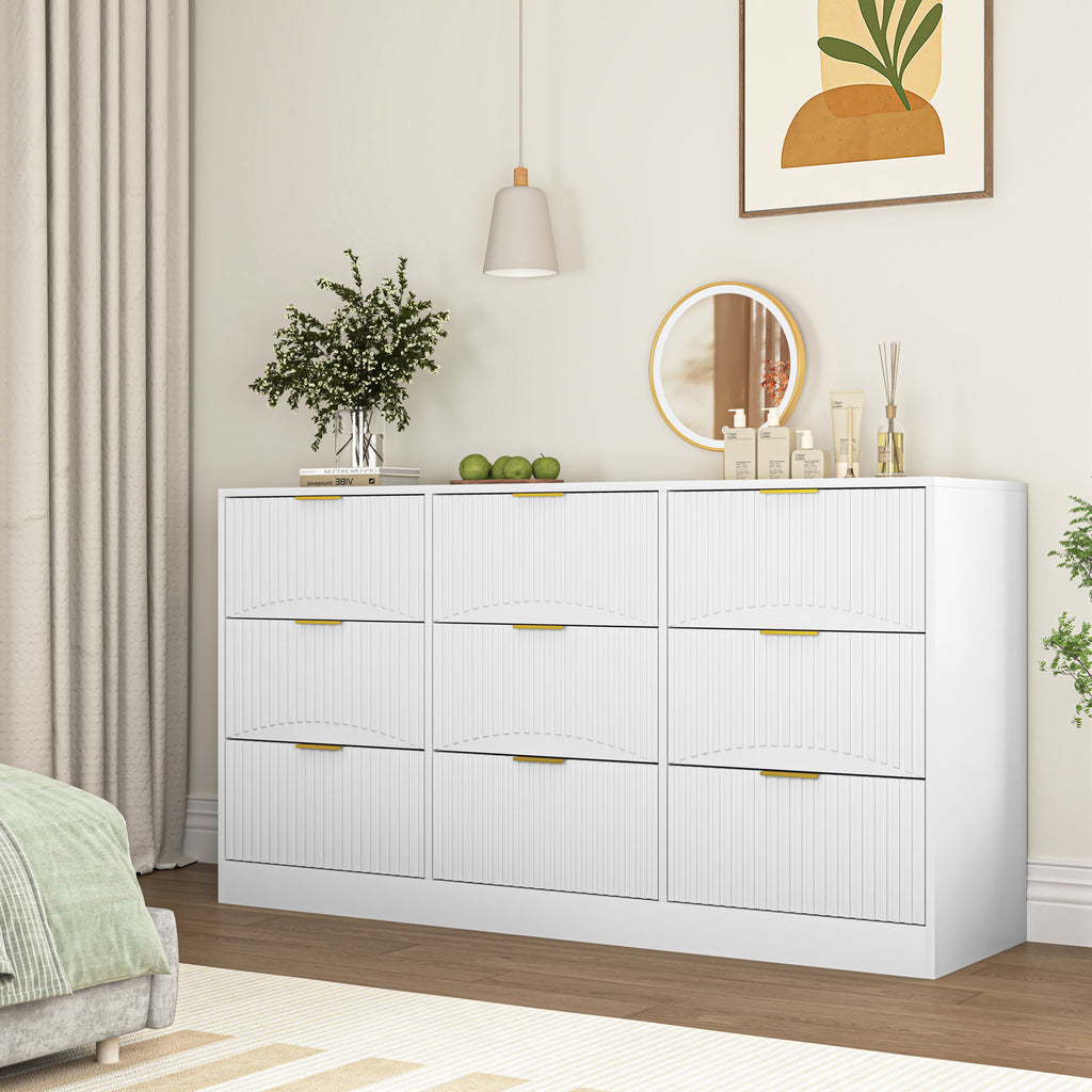 White 9 Drawer Dresser, 63' Large Deep Chest of Drawers, Wooden Dresser Storage Cabinet with 9 Drawers for Bedroom, Long Dressers for Living Room, Hallway, Drawer panel with wavy patterns - Grand Goldman Shop