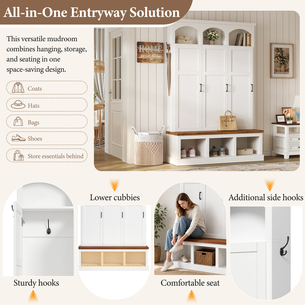 Classic Arched Design Hall Tree with 3 Hidden Storage, Farmhouse Mudroom with Walnut Bench, Mid-Century All-in-One Entryway Organizer with 5 Hooks for Hallway, White - Grand Goldman Shop