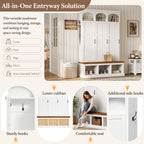 Classic Arched Design Hall Tree with 3 Hidden Storage, Farmhouse Mudroom with Walnut Bench, Mid-Century All-in-One Entryway Organizer with 5 Hooks for Hallway, White - Grand Goldman Shop