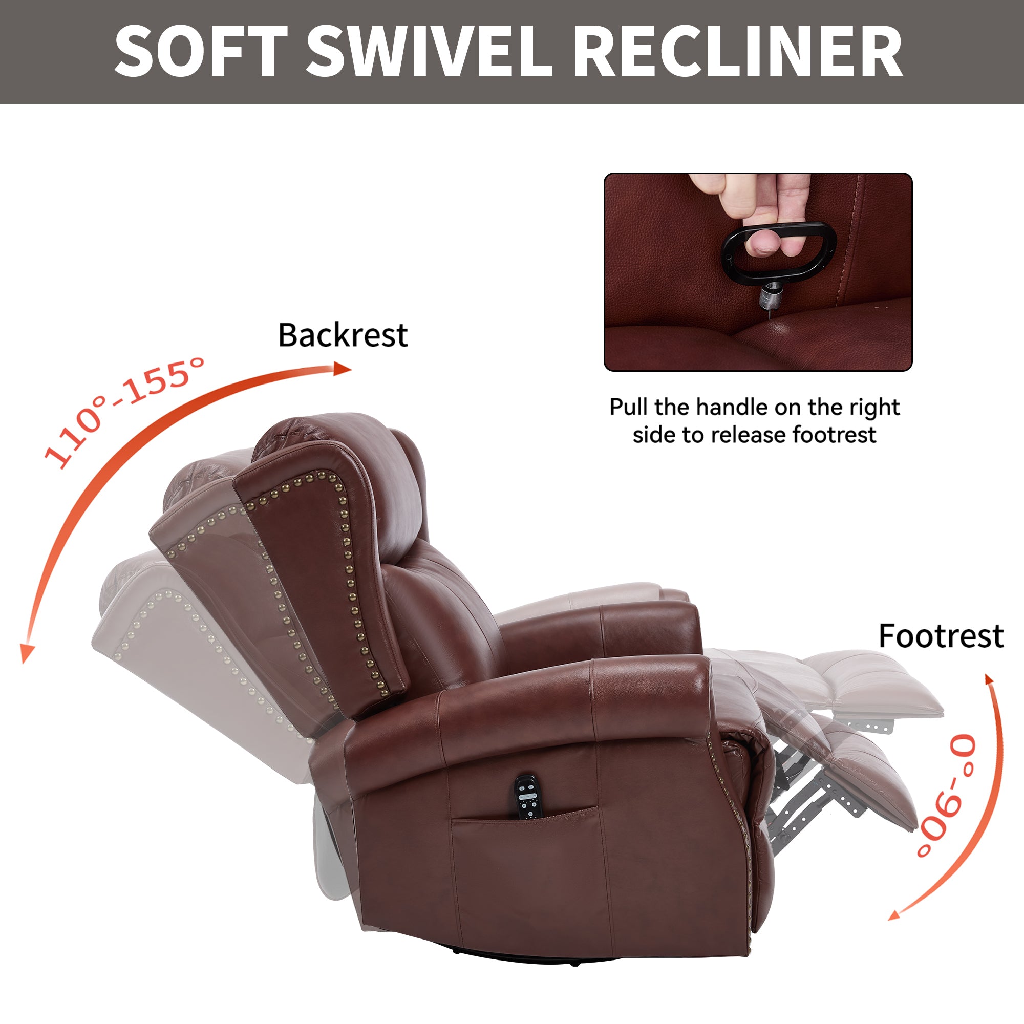 Heat Massage Manual Recliner Chair with Rocker and Swivel in Genuine leather for Living Room, Red - Grand Goldman Shop