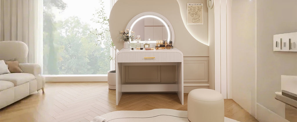 39' Makeup Vanity Table with Mirror Touch Screen Lighted Mirror, Dressing Table with Drawer for Bedroom, White - Grand Goldman Shop
