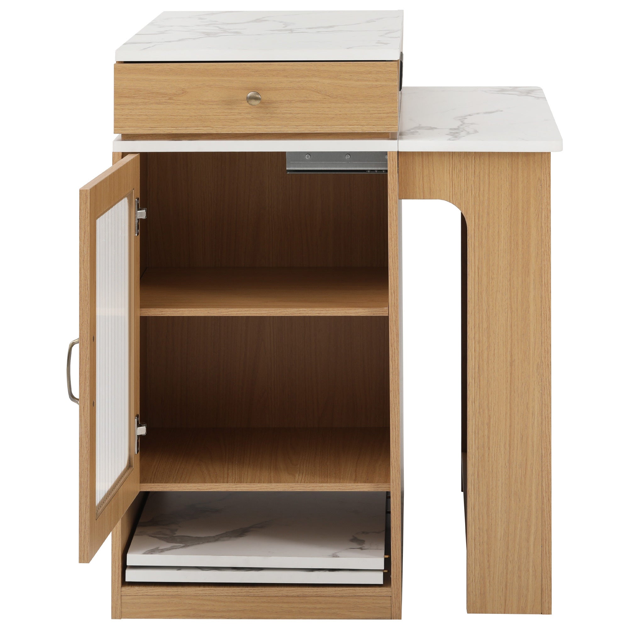 K&K 59.5'Kitchen Island with Extendable Dining Table, Kitchen Storage Table with Double-sided Storage, Kitchen Island with 2 Drawers, Power Outlet, Side Open Shelves, for Kitchen, Dining Room, Natural - Grand Goldman Shop