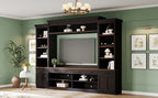 Farmhouse Entertainment Wall Unit with Bookshelf for TVs Up to 70', Walnut TV Stand with Adjustable Shelves, Mid-Century Media Console with Wine Rack for Living Room, Black (NEW SKU: N721S000046B-2) - Grand Goldman Shop