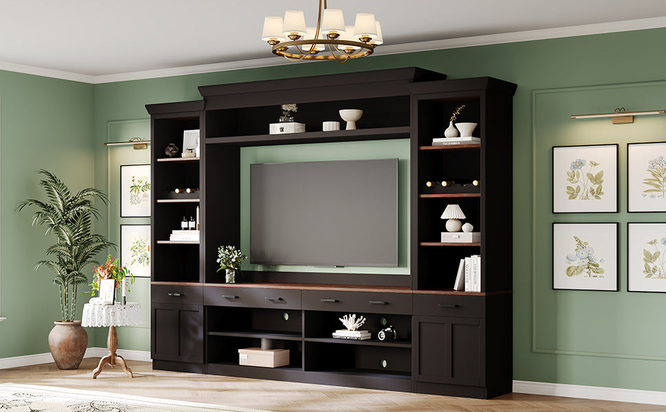 Farmhouse Entertainment Wall Unit with Bookshelf for TVs Up to 70', Walnut TV Stand with Adjustable Shelves, Mid-Century Media Console with Wine Rack for Living Room, Black (NEW SKU: N721S000046B-2) - Grand Goldman Shop