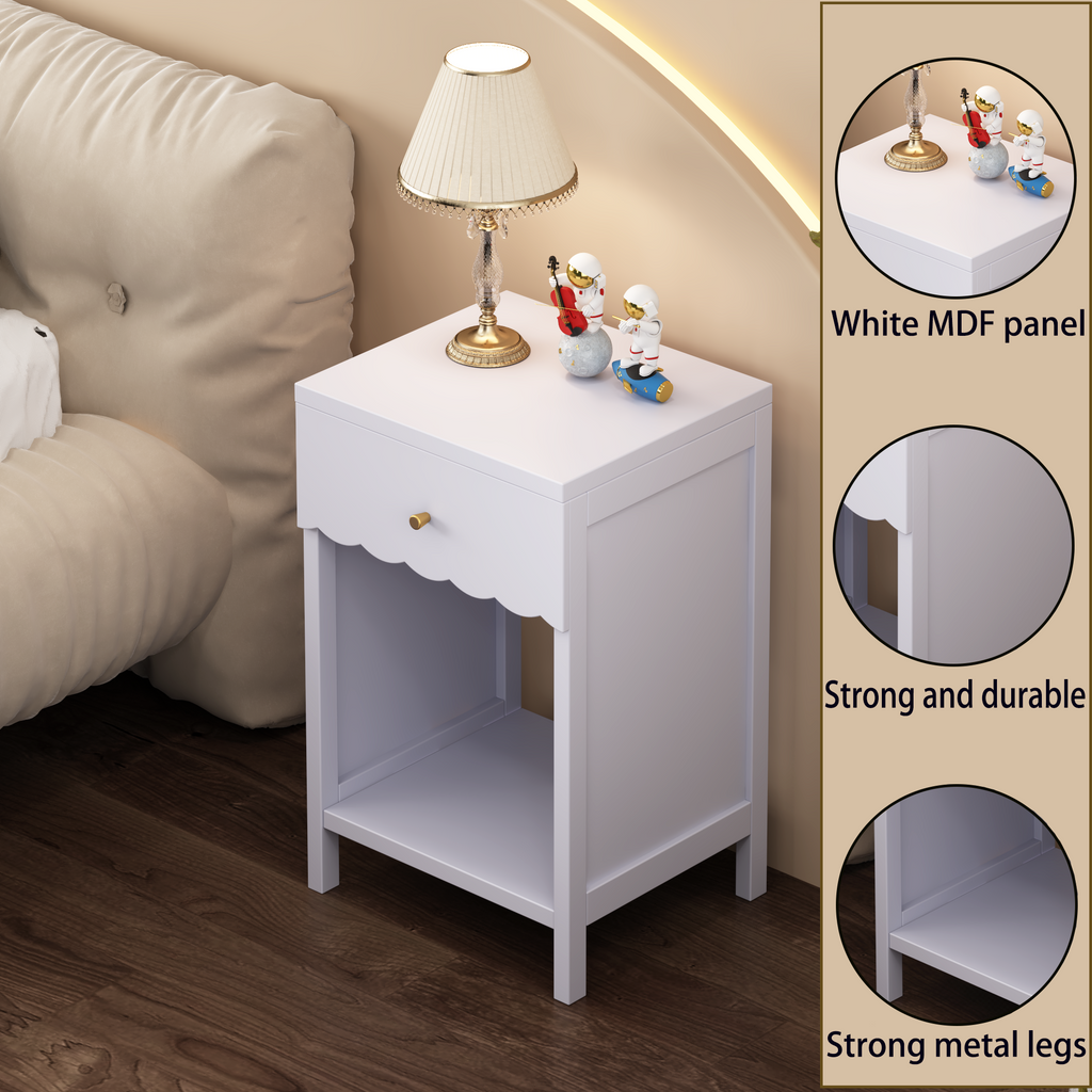 Modern Nightstand with Drawer and Open Shelf, Scalloped Edge Bedside Table in Light Purple, Minimalist Side Table for Kids Room or Girls' Room, Engineered Wood, 16.93 x 14.96 x 26.77 inches - Grand Goldman Shop