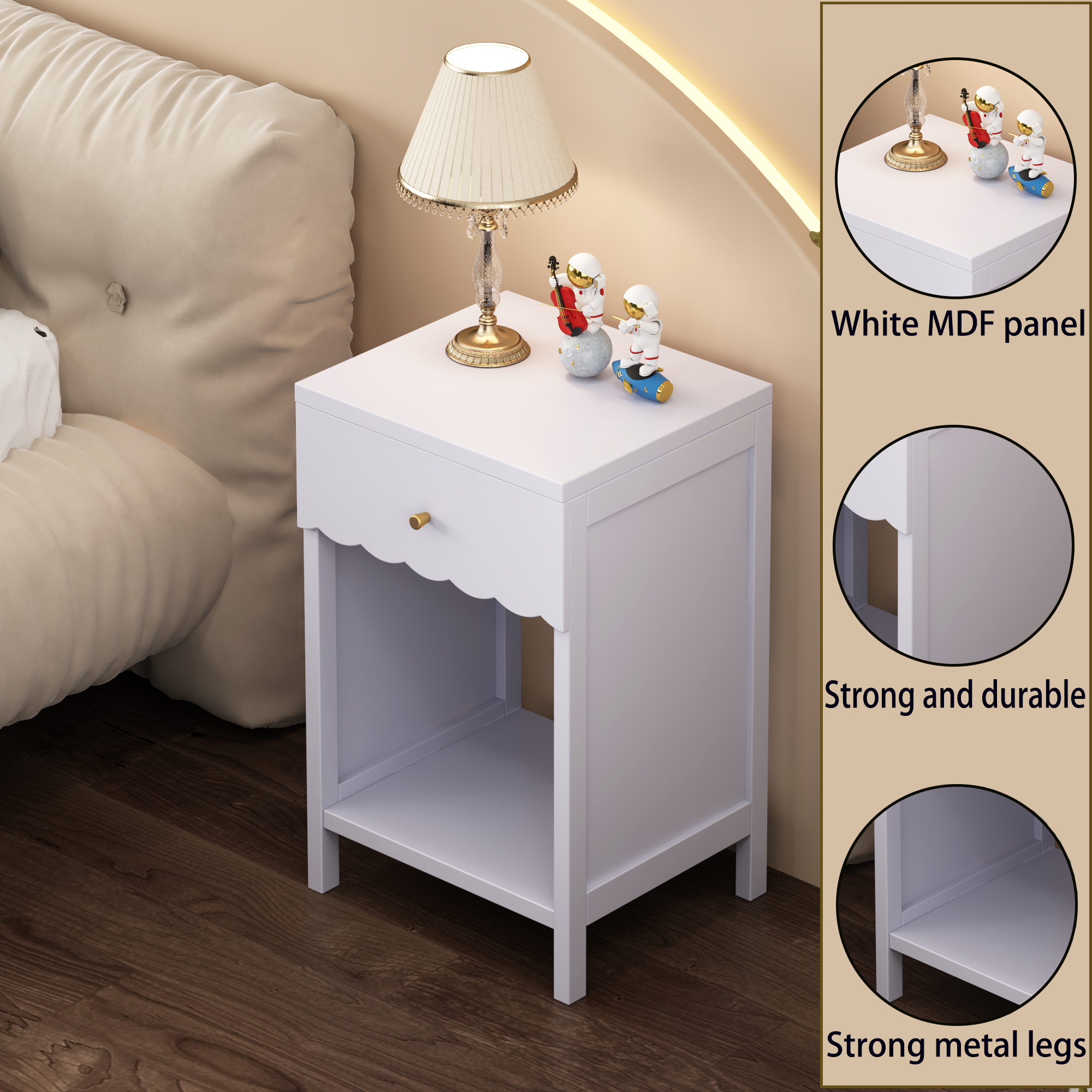 Modern Nightstand with Drawer and Open Shelf, Scalloped Edge Bedside Table in Light Purple, Minimalist Side Table for Kids Room or Girls' Room, Engineered Wood, 16.93 x 14.96 x 26.77 inches - Grand Goldman Shop