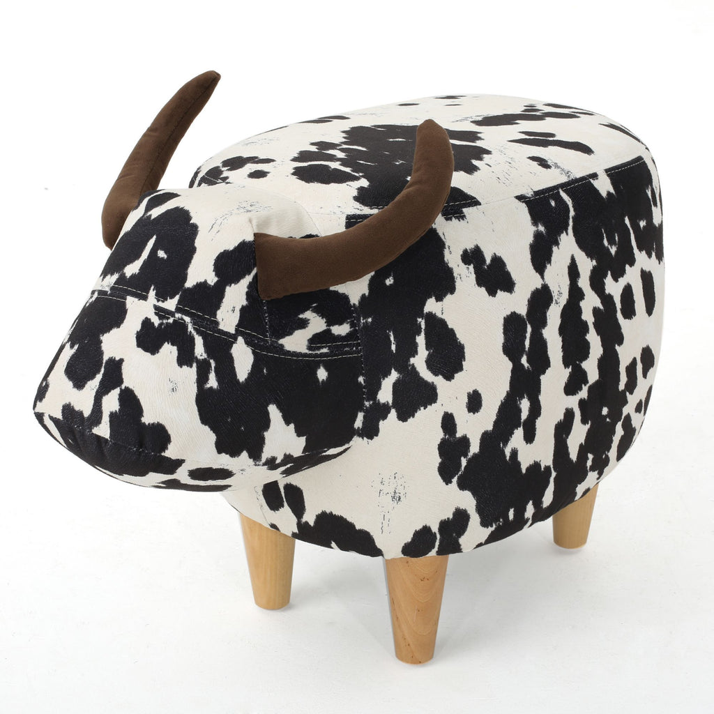 Cow-Shaped Ottoman Footstool, Black and White Modern Accent Stool with Velvet Horns, Fabric Body, Birch Legs - Grand Goldman Shop