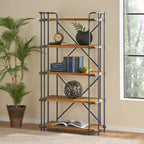Yorktown Industrial 5-Shelf Bookcase with Metal Pipework and Solid Fir in Natural Finish - Grand Goldman Shop