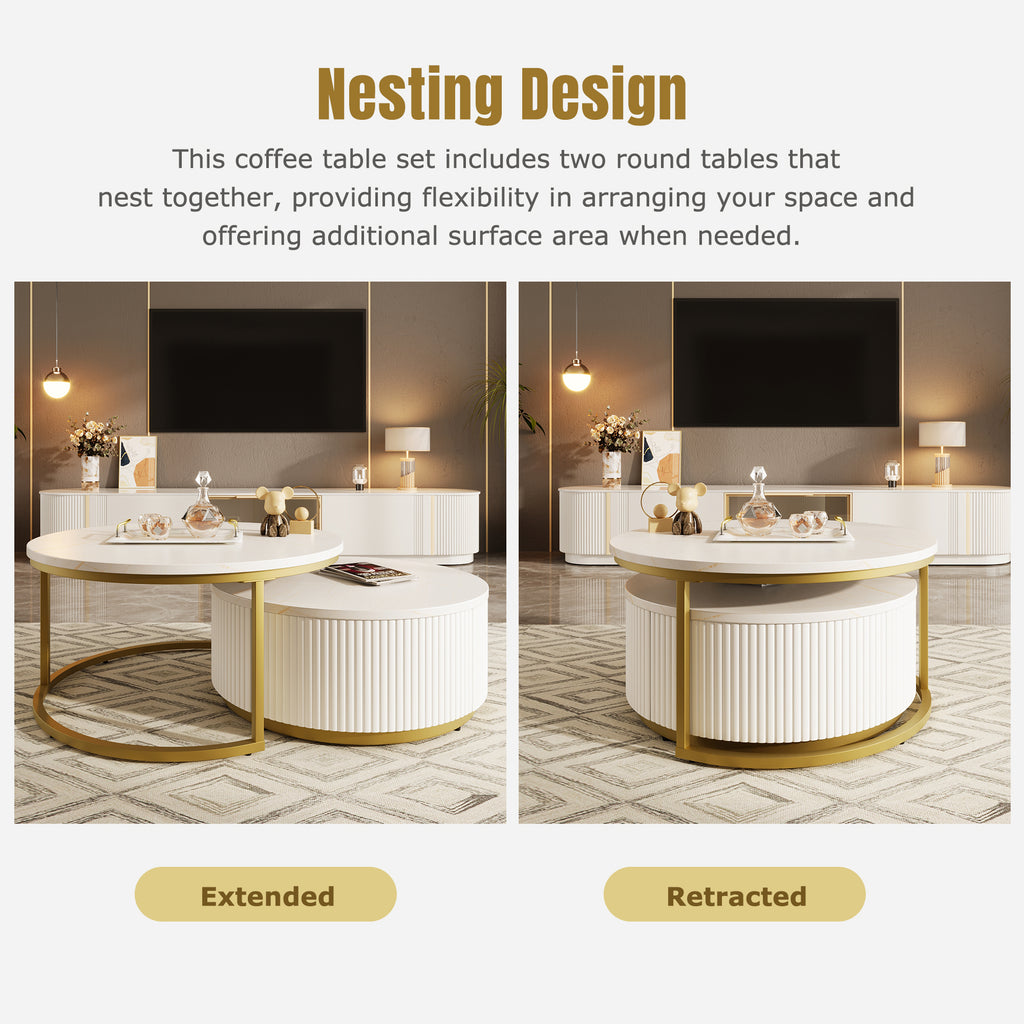 Modern Round Nesting Coffee Table Fluted with Drawer in White & Gold in 31.5'' - Grand Goldman Shop