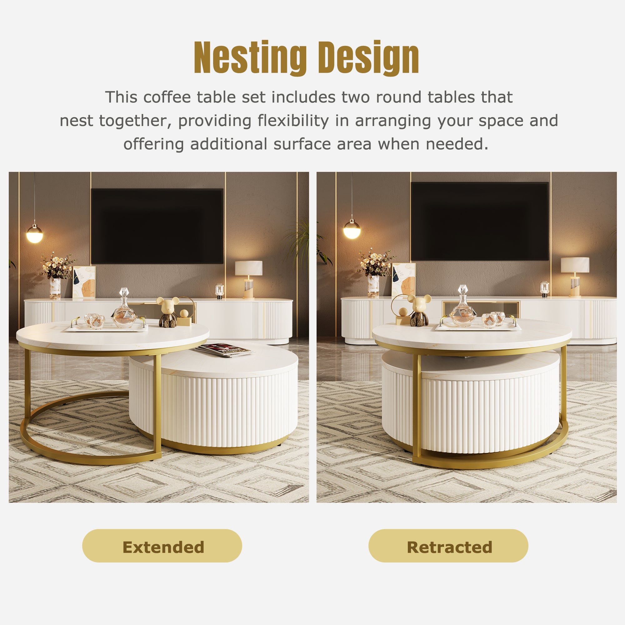 Modern Round Nesting Coffee Table Fluted with Drawer in White & Gold in 31.5'' - Grand Goldman Shop
