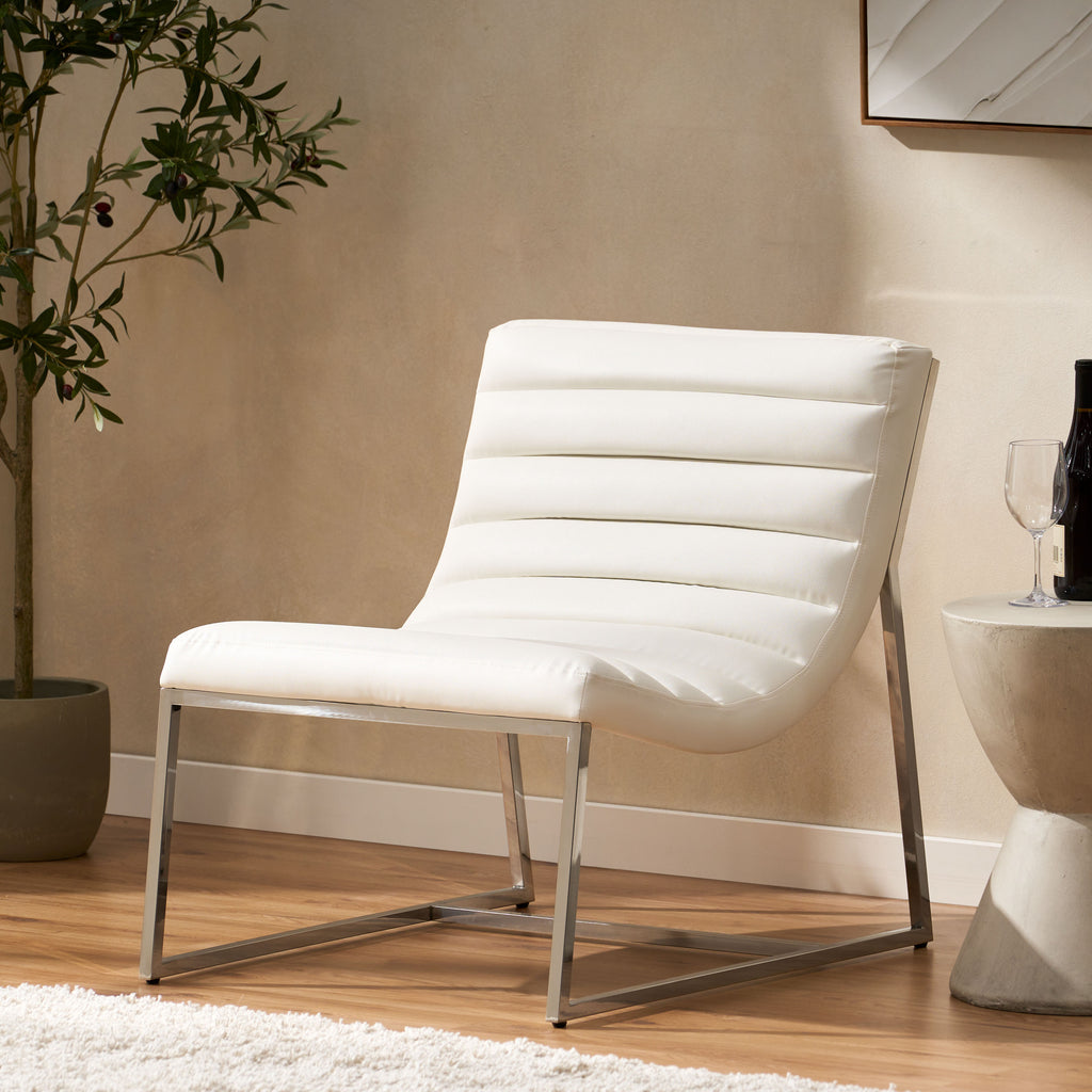 WILMOUTH ROLL OCCASIONAL CHAIR in White Leather with Chrome-Finished Steel Legs, Modern & Contemporary Style - Grand Goldman Shop