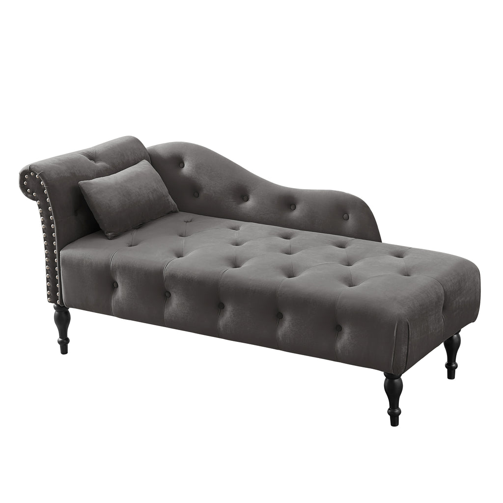 Aijia 60.6' Velvet Chaise Lounge Buttons Tufted Nailhead Trimmed Solid Wood Legs with 1 Pillow,Grey  (Left Arm Design as Shown in the Picture) - Grand Goldman Shop
