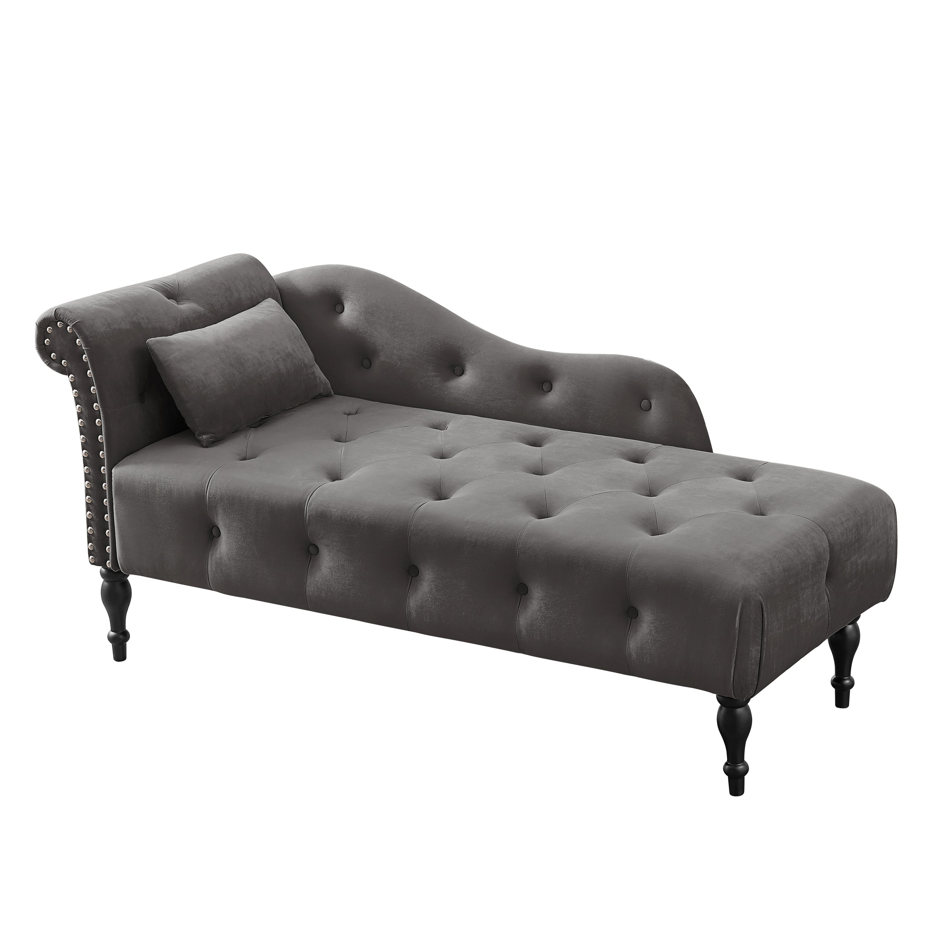 Aijia 60.6' Velvet Chaise Lounge Buttons Tufted Nailhead Trimmed Solid Wood Legs with 1 Pillow,Grey  (Left Arm Design as Shown in the Picture) - Grand Goldman Shop
