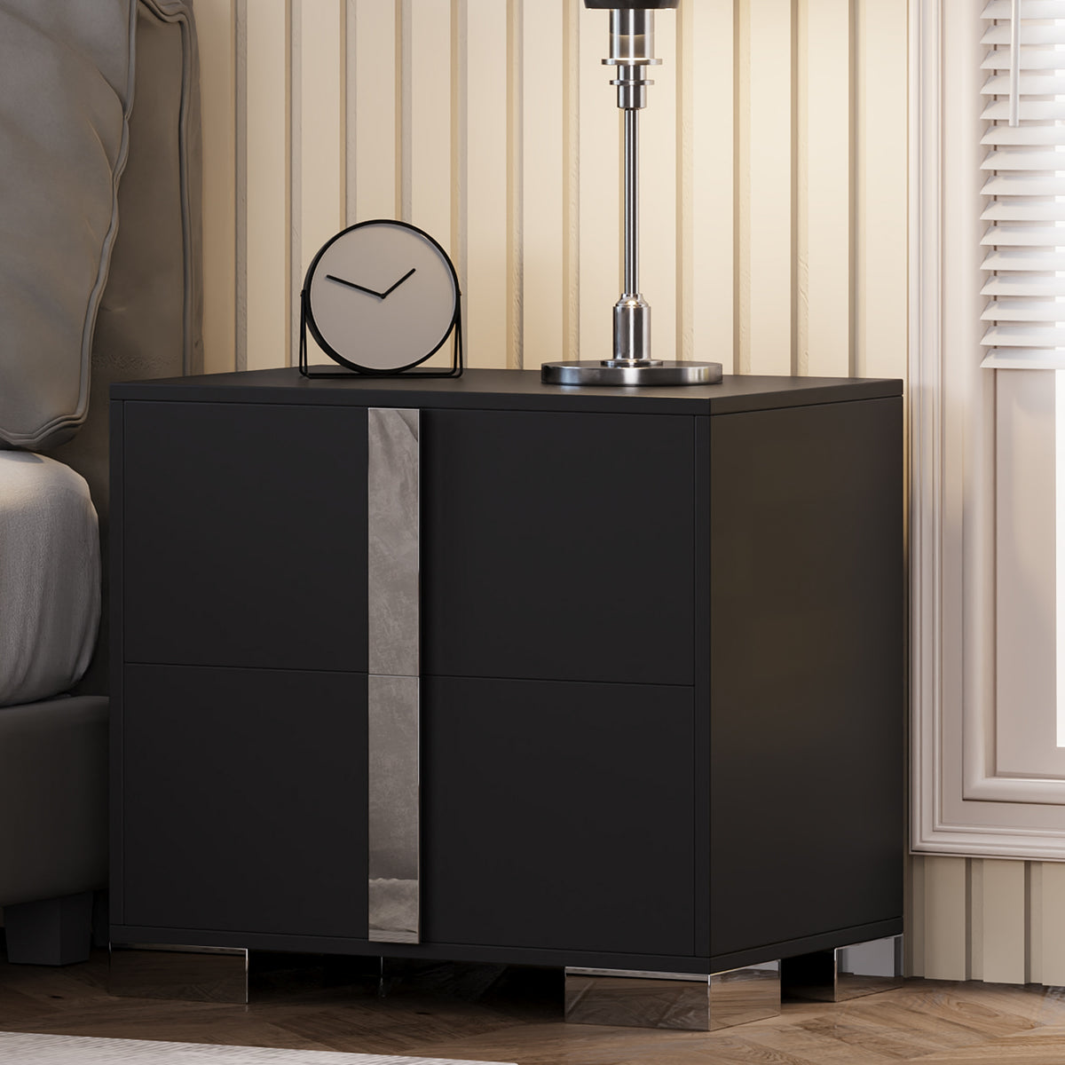 Modern End Table with Drawers, Elegant Nightstand with Metal Foot,Wood Bedside Table with Mirrored Metal Handles,Sofa Side End Table for Bedroom Living Room Office,Black - Grand Goldman Shop