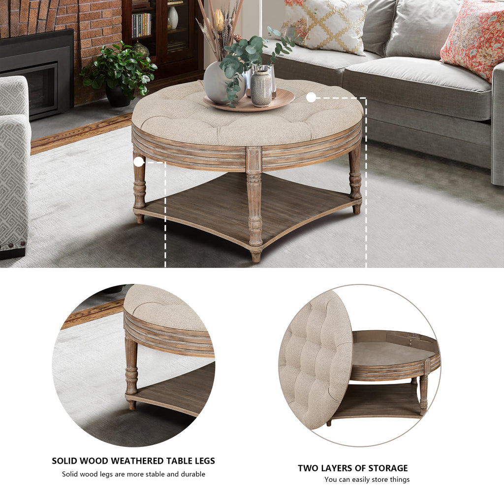 Large Round Waterproof Ottoman Coffee Table 2 Tier Oversized Button Tufted Ottoman with Wooden Shelf Storage Farmhouse Upholstered Coffee Table Living Room Footstool Ottoman Linen - Grand Goldman Shop