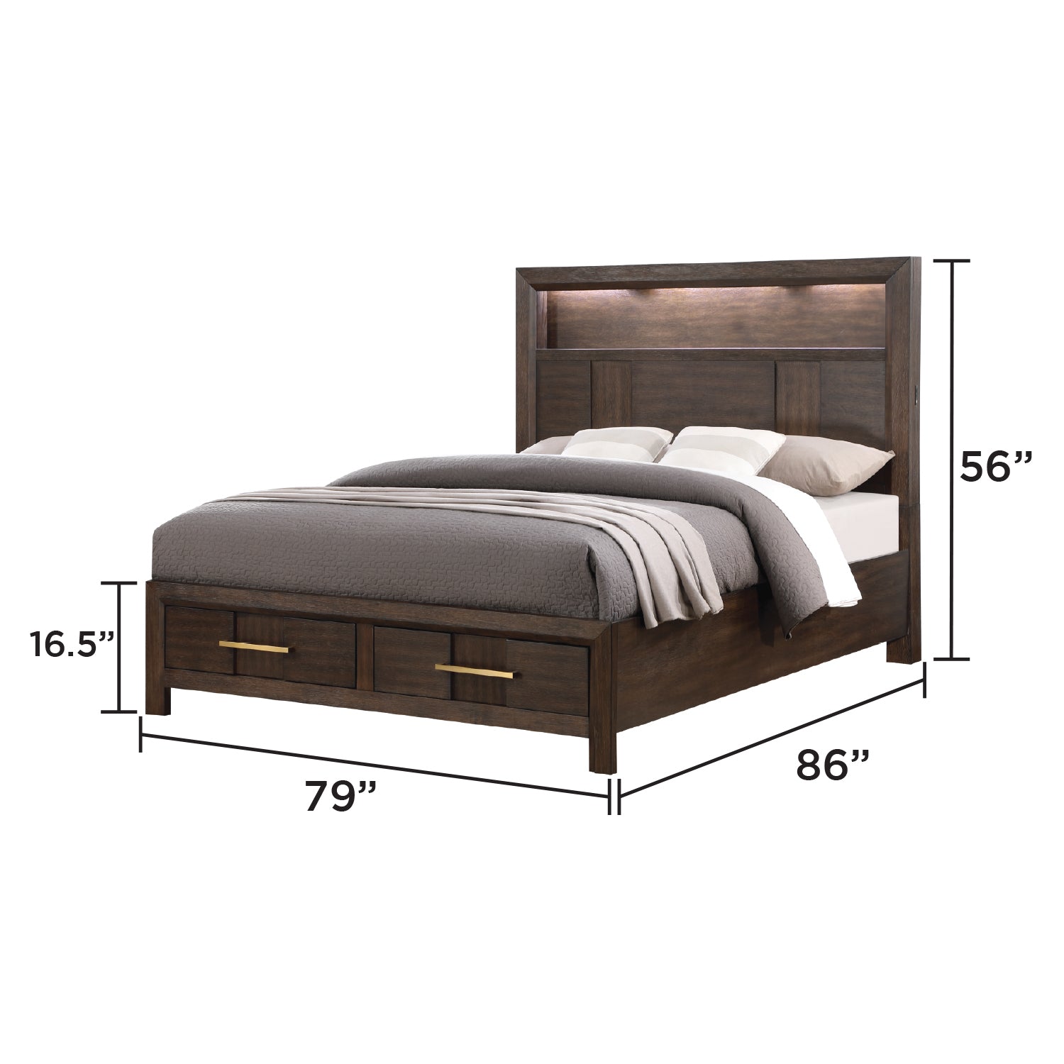 KENZO Modern King 5-Piece Storage Bedroom Set in Walnut Finish with LED Headboard, Bluetooth Speakers, USB Ports, Dresser, Mirror, Nightstand and Chest - Grand Goldman Shop