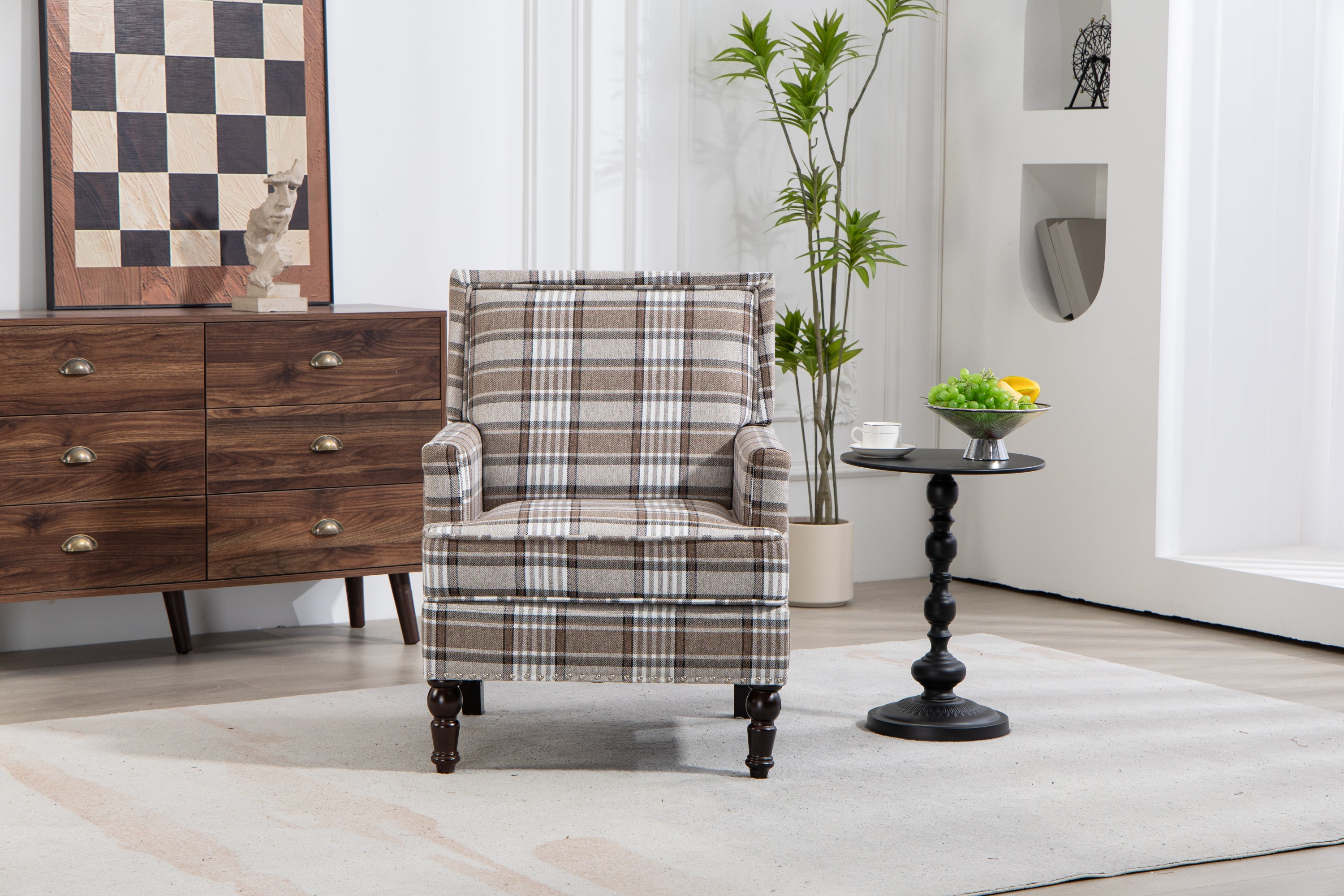 Upholstered Accent Chair, Vintage Armchair with Brown Linen Fabric and Nailhead Trim for Living Room - Grand Goldman Shop