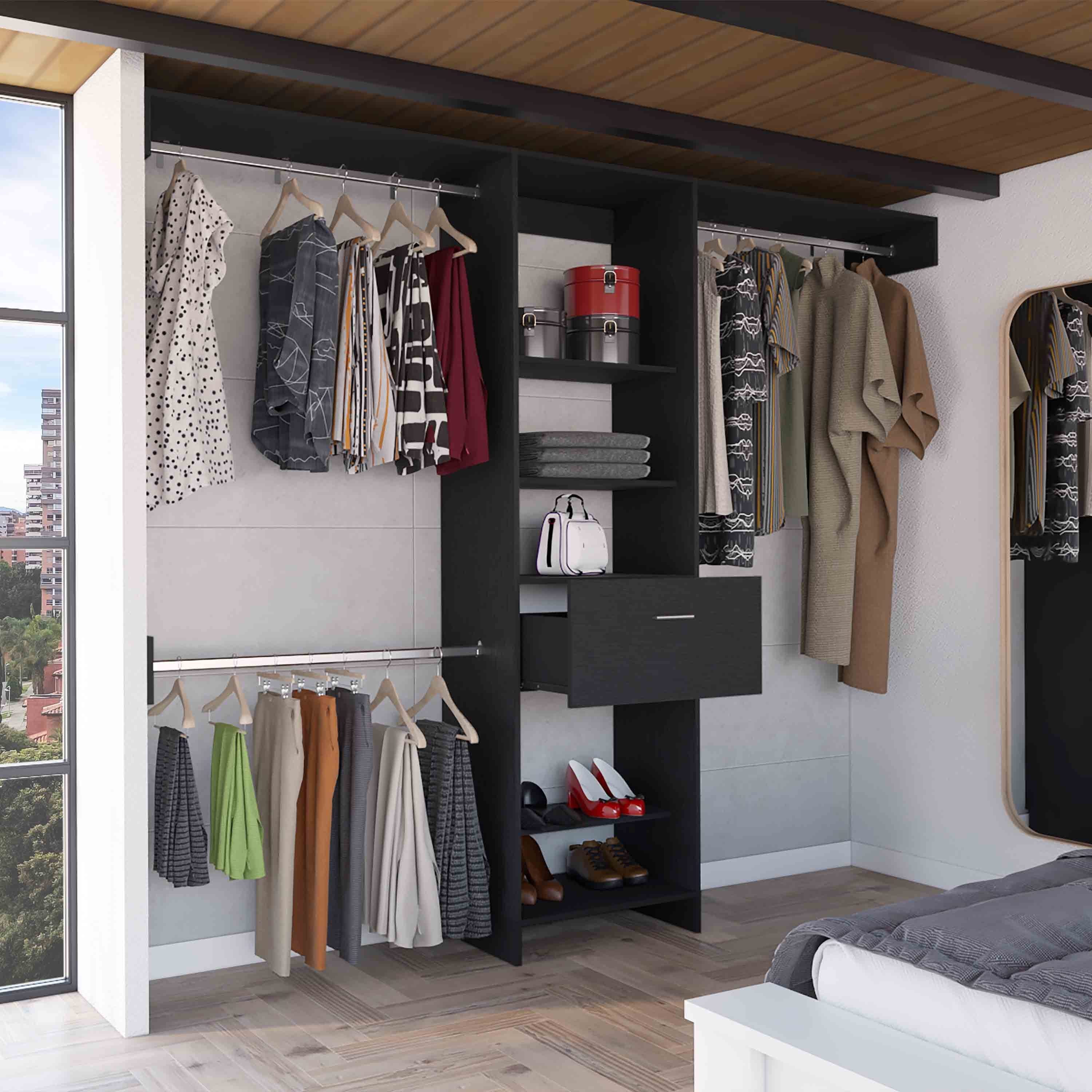 Manchester 250 Closet System, Five Open Shelves, One Drawer, Three Metal Rods -Black - Grand Goldman Shop