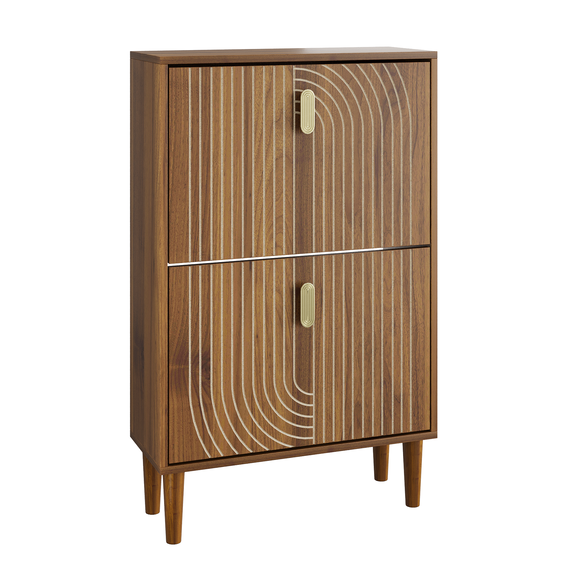Modern Minimalist Shoe Storage Cabinet with 2 Flip Drawers and Metal Handles in Gold, Particle Board MDF Pine Wood, 23.6'W - Grand Goldman Shop