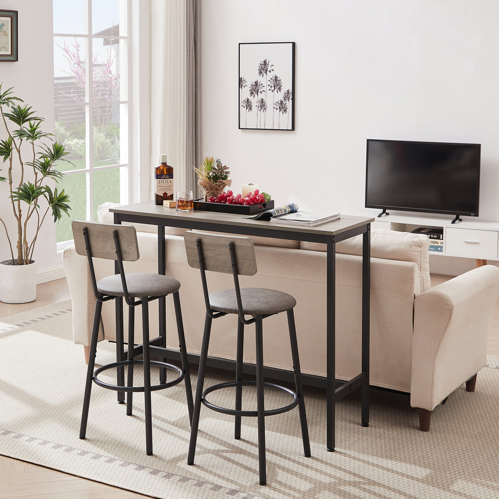 Bar Table Set with 2 Bar stools PU Soft seat with backrest, Grey, 43.31'' L x 15.75'' W x 35.43'' H. - Grand Goldman Shop
