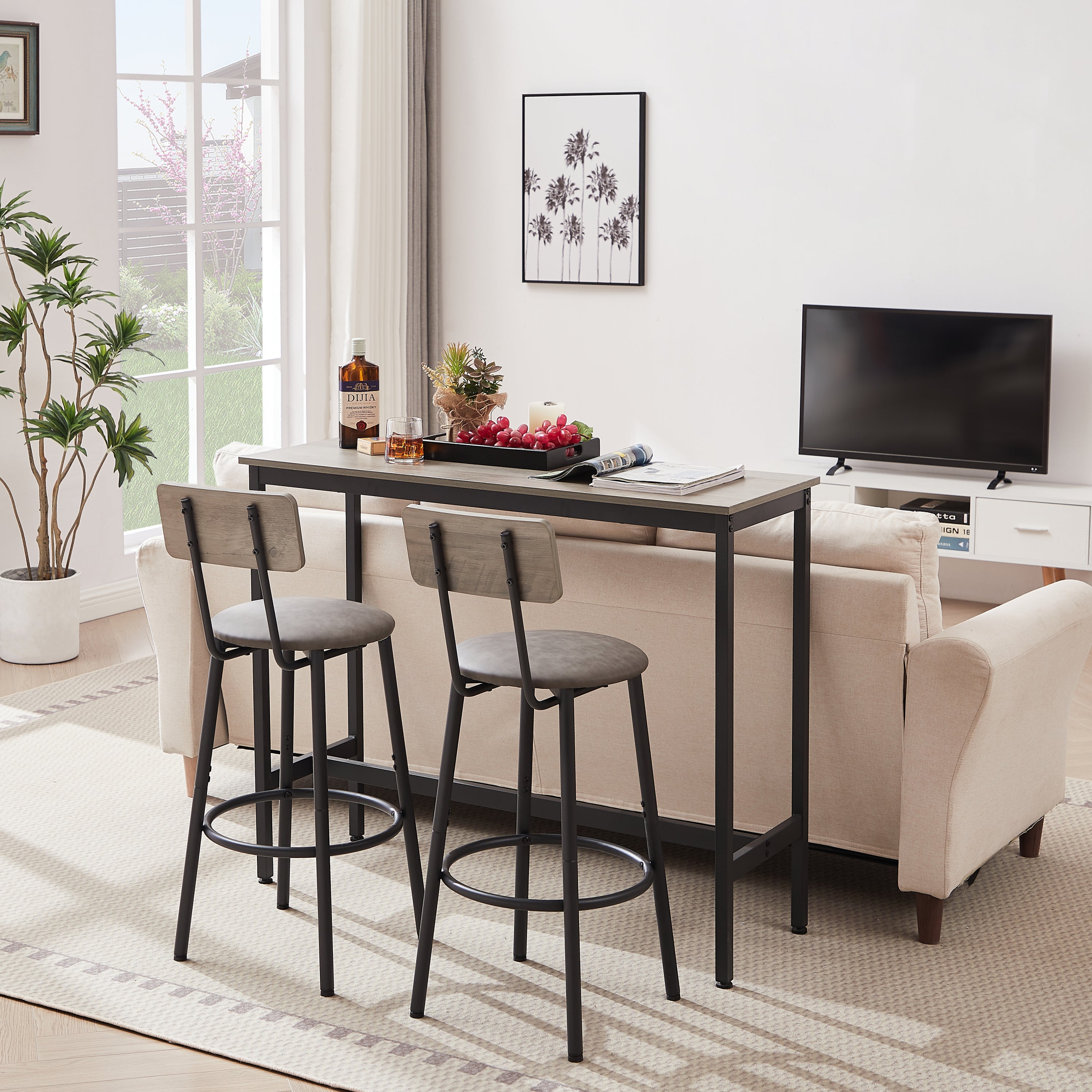 Bar Table Set with 2 Bar stools PU Soft seat with backrest, Grey, 43.31'' L x 15.75'' W x 35.43'' H. - Grand Goldman Shop