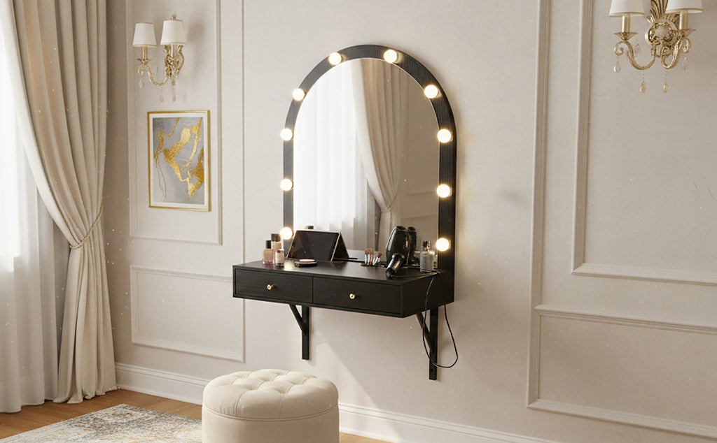 Floating Wall Mounted Makeup Vanity Desk with LED Mirror 3 Color Lights, Compact Dressing Table with Power Outlet & USB Charging, Space Saving Large Storage Vanity for Bedroom Bathroom, Black - Grand Goldman Shop