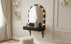 Floating Wall Mounted Makeup Vanity Desk with LED Mirror 3 Color Lights, Compact Dressing Table with Power Outlet & USB Charging, Space Saving Large Storage Vanity for Bedroom Bathroom, Black - Grand Goldman Shop