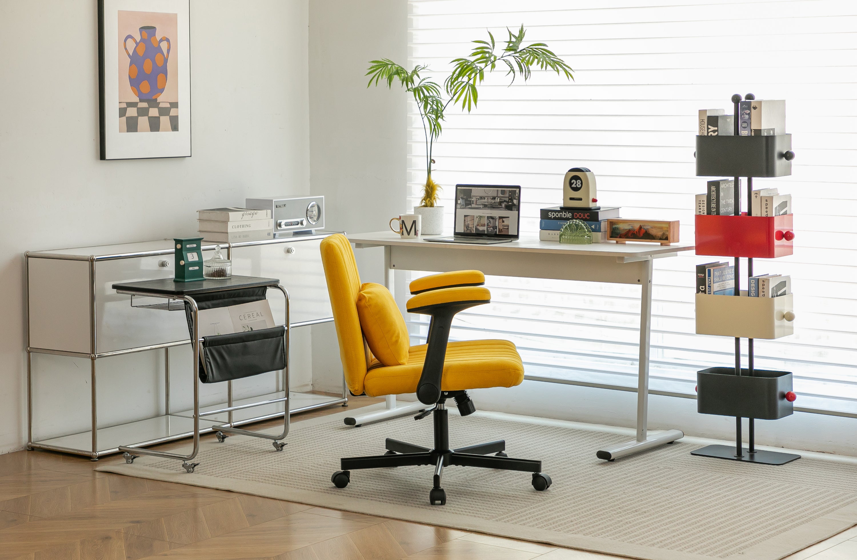 Modern Yellow Linen Criss Cross Armrest Office Chair with Wheels - Ergonomic Design for Home Office, Work & Study - Grand Gol