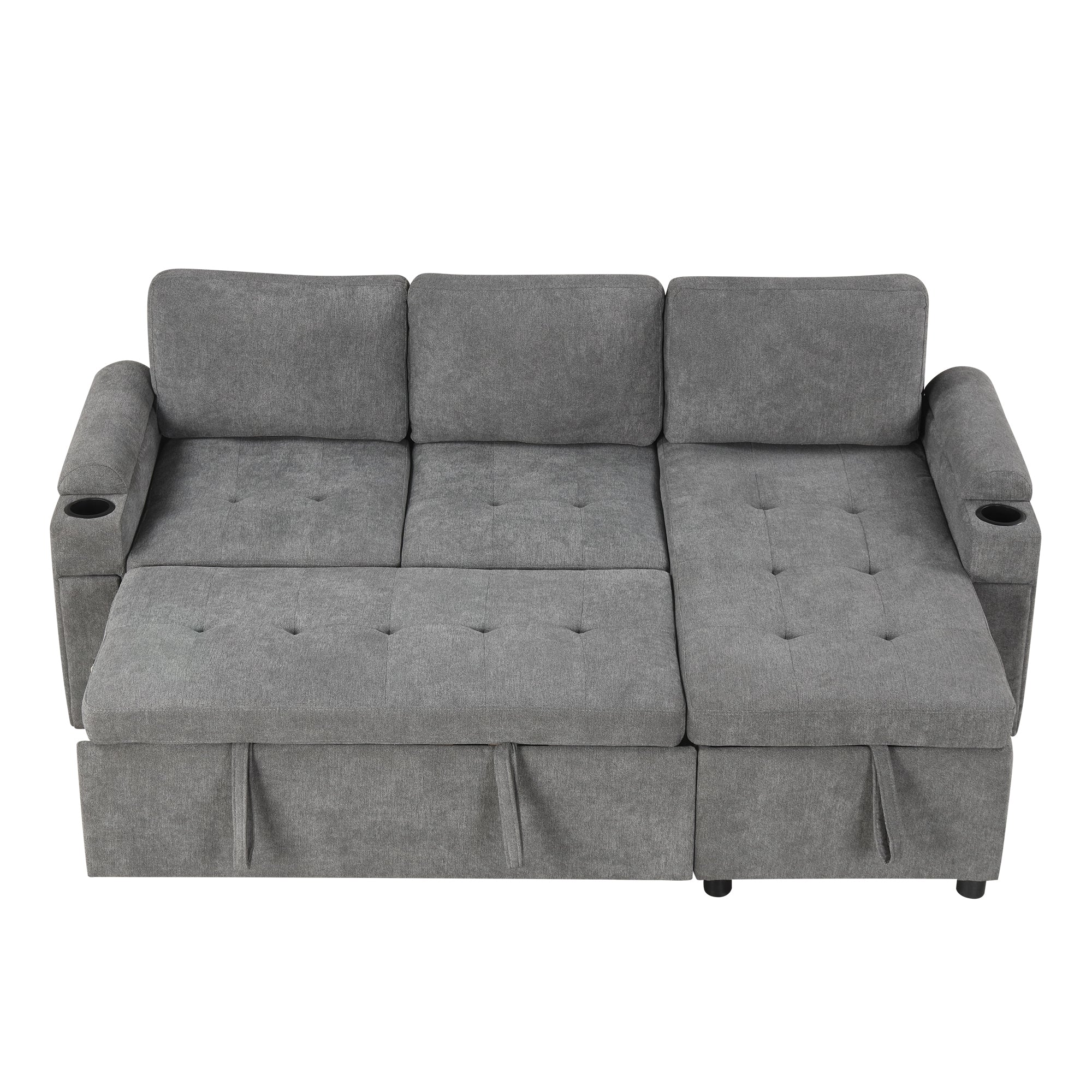 Modern L-shaped Convertible Sofa Bed with Storage, Cup Holders, USB Ports, Gray Chenille, 83.5' - Grand Goldman Shop