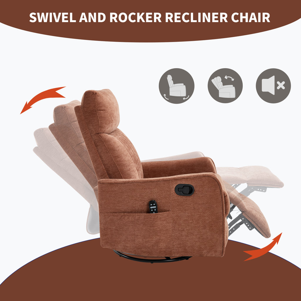 Orange Heat Massage Manual Recliner Chair with Rocker and Swivel in Fabric for Living Room - Grand Goldman Shop