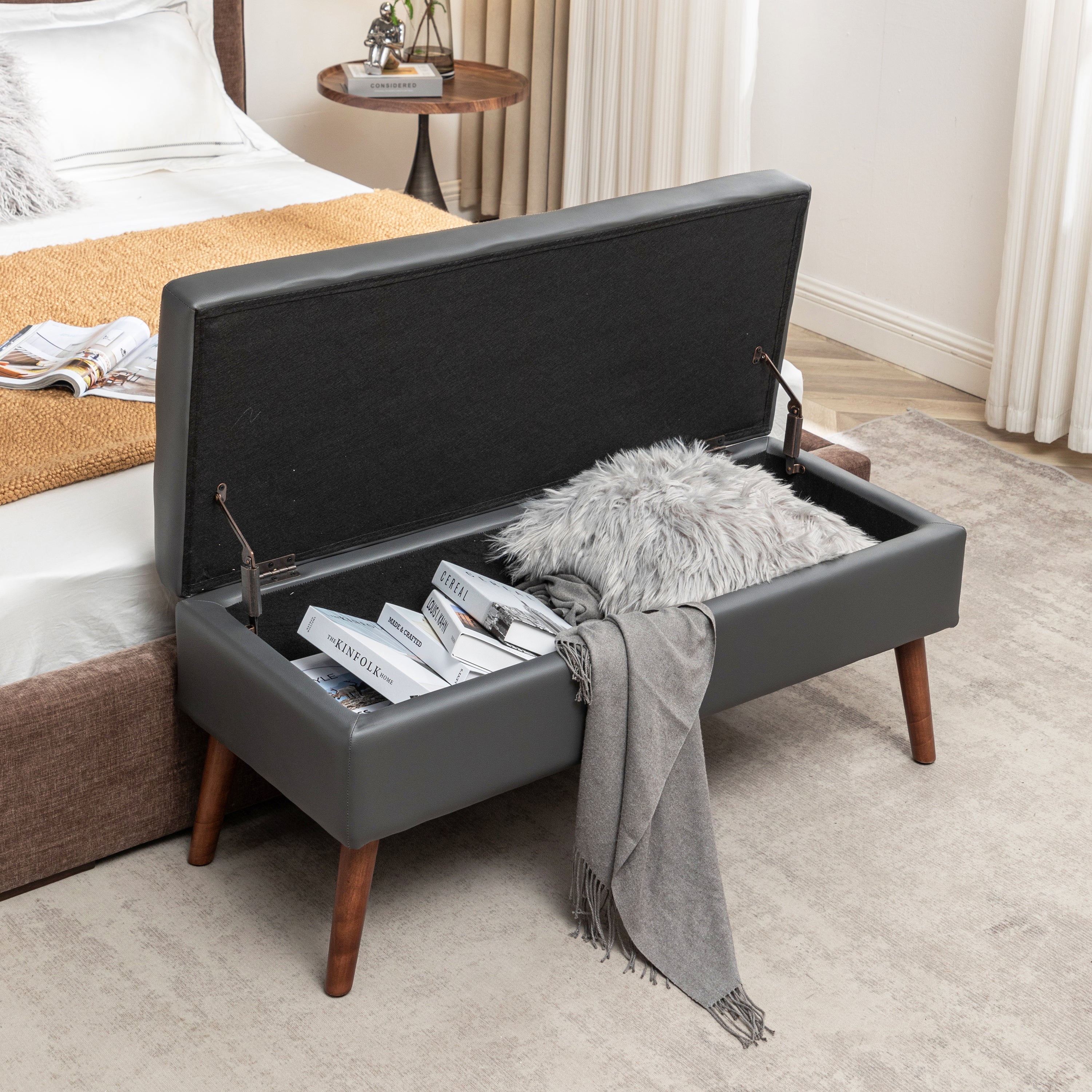 Storage Bench with Storage Bench for Bedroom End of Bed Bench Foot of Bed Bench Entryway Bench Storage Ottoman Bench 43.3' W x 17.7' Dark Grey Leather Bench - Grand Goldman Shop
