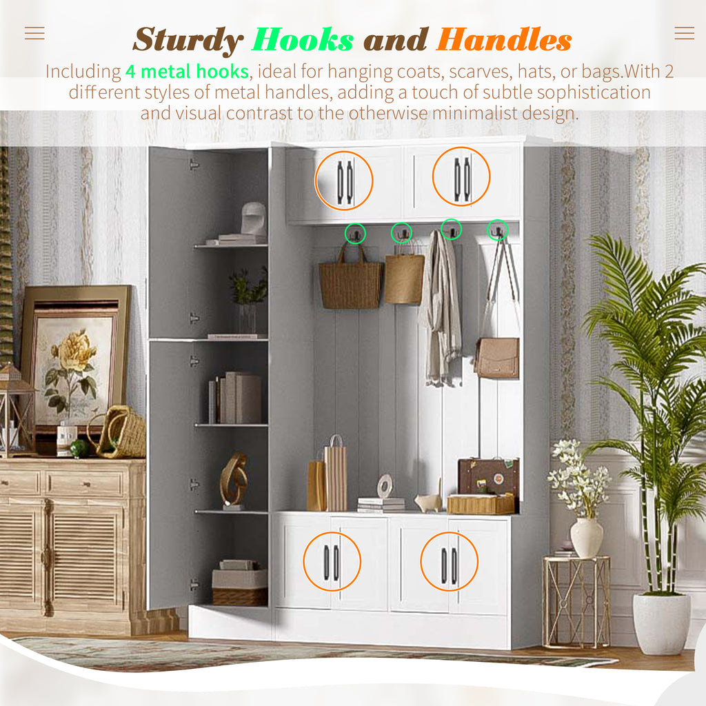 VIBE HAUS 79'' Tall Modern Hall Tree with Shoe Storage, 4-in-1 Entryway Bench with 6 Cabinets, 4 Coat Hooks & Adjustable Shelf for Hallway, living room, White - Grand Goldman Shop