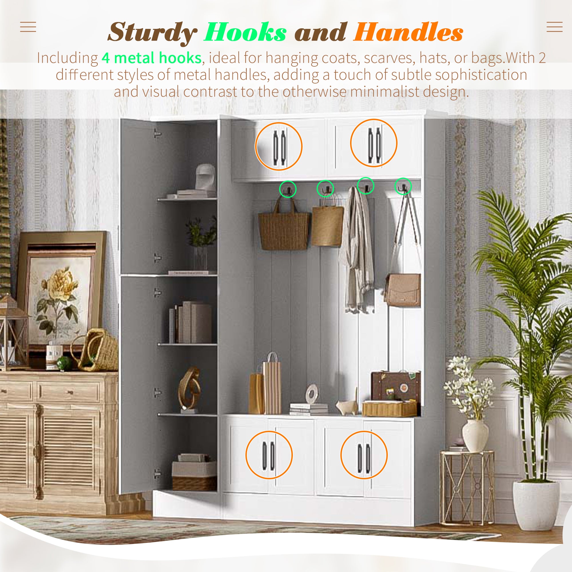 VIBE HAUS 79'' Tall Modern Hall Tree with Shoe Storage, 4-in-1 Entryway Bench with 6 Cabinets, 4 Coat Hooks & Adjustable Shelf for Hallway, living room, White - Grand Goldman Shop
