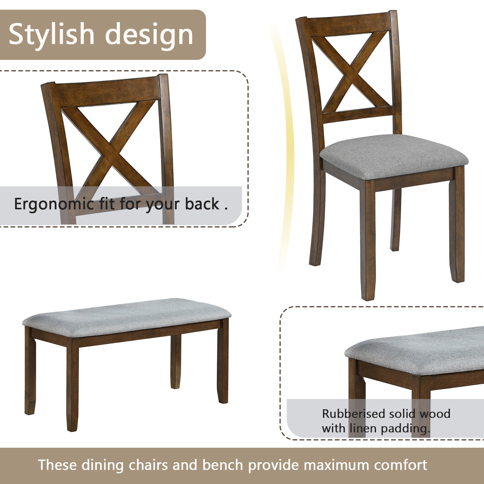 6PCs Kitchen Dining Set, Rectangular Wooden Dining Table with 4 Upholstered Chairs and a Bench, Dining Table Set for 6 People, Living Room, Home Bar and Kitchen, Walnut - Grand Goldman Shop