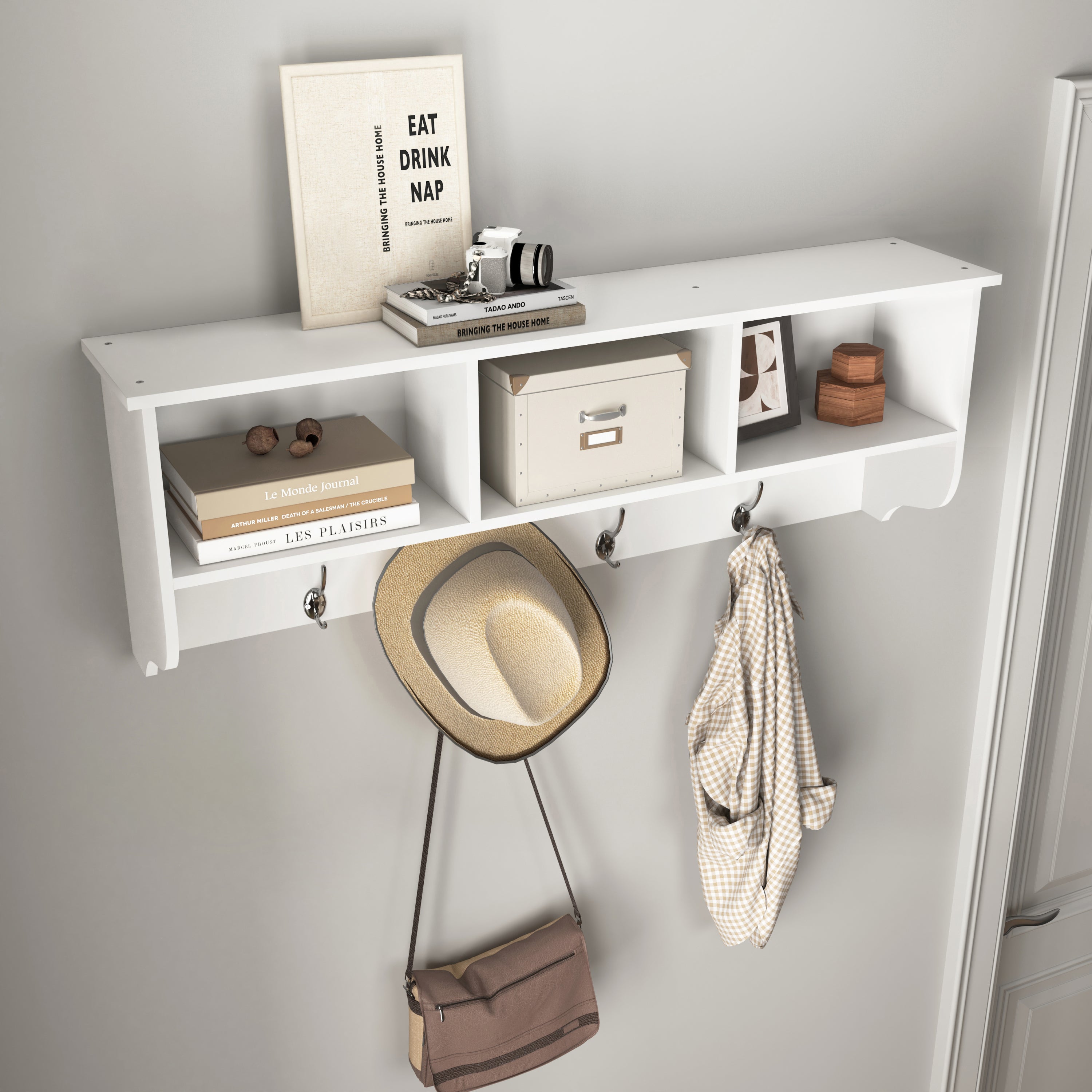 White Entryway Wall Mounted Coat Rack with 4 Dual Hooks Living Room Wooden Storage Shelf - Grand Goldman Shop