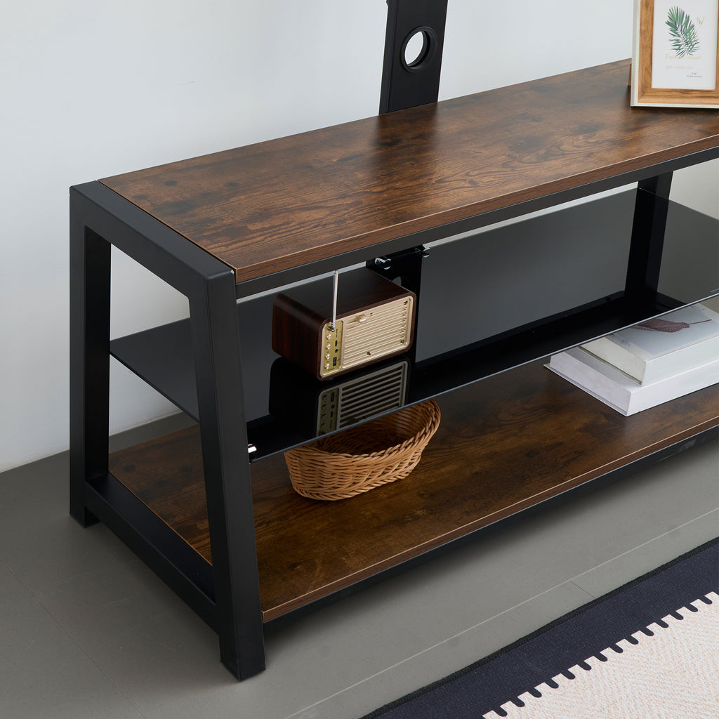 Wooden Storage TV Stand Black Tempered Glass Height Adjustable Universal Swivel Entertainment Center With Mount TV Stand, Rustic Browm - Grand Goldman Shop
