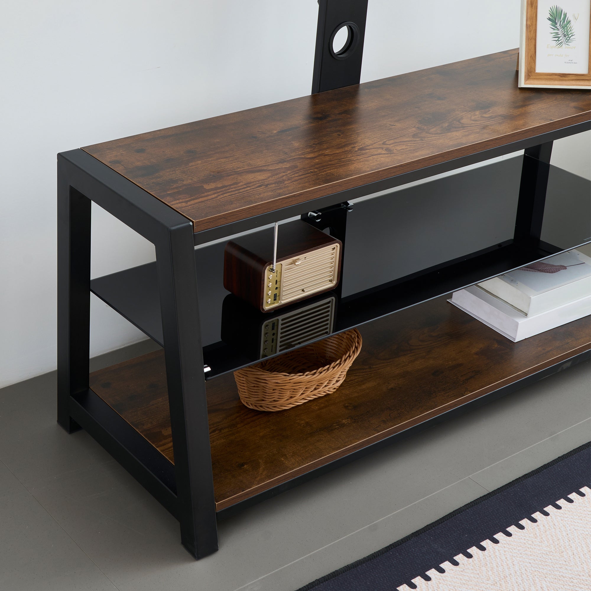 Wooden Storage TV Stand Black Tempered Glass Height Adjustable Universal Swivel Entertainment Center With Mount TV Stand, Rustic Browm - Grand Goldman Shop