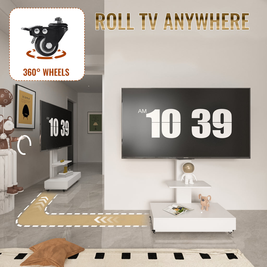 Versatile TV Stand with Push-Pull Drawer, Adjustable Height, Mobile Cart with Wheels, White MDF & Metal, 32-75 Inches - Grand Goldman Shop