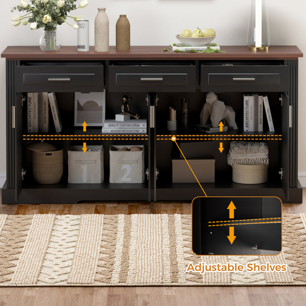 Black Fluted Sideboard Buffet Cabinet with 4 Doors and 3 Drawers, Modern Wood Kitchen Storage Console Table for Living Room Dining Room Entryway, 63' - Grand Goldman Shop