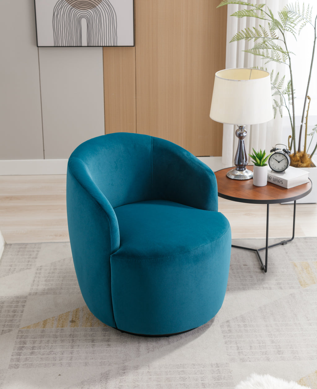 Velvet Fabric Swivel Accent Armchair Barrel Chair With Black Powder Coating Metal Ring,Teal - Grand Goldman Shop