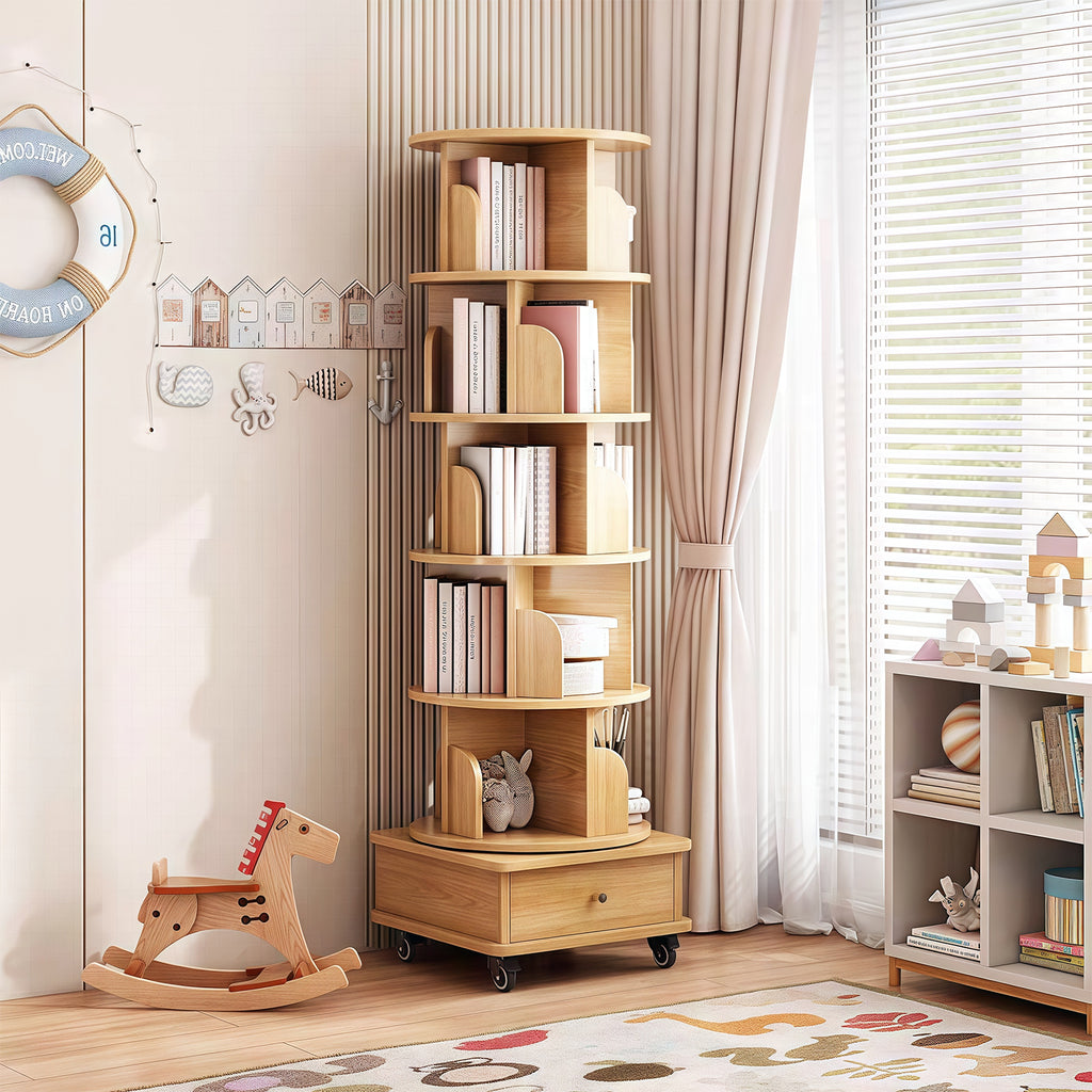 6 Tier Rotating Bookshelf, 360° Display Round Spinning Bookshelf with Wheels and Drawer, Space-Saving, Small Space Rotating Bookshelf Tower for Bedroom, Living Room, Home, Office, Wood Color - Grand Goldman Shop