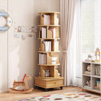 6 Tier Rotating Bookshelf, 360° Display Round Spinning Bookshelf with Wheels and Drawer, Space-Saving, Small Space Rotating Bookshelf Tower for Bedroom, Living Room, Home, Office, Wood Color - Grand Goldman Shop